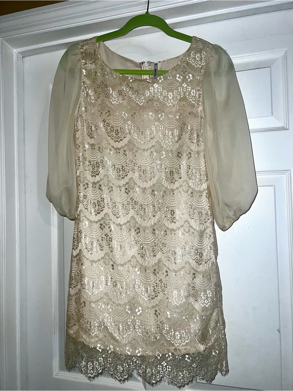 Umgee Elegant Ivory Lace Shift Dress with Sheer Puff Sleeves